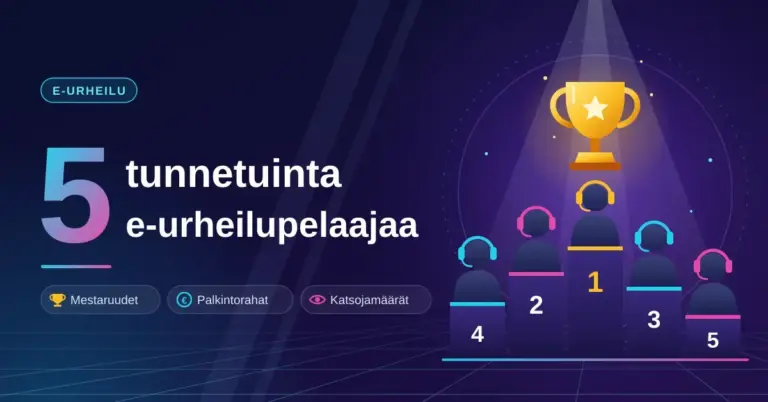 Tummansininen e-urheilugrafiikka, jossa teksti "5 tunnetuinta e-urheilupelaajaa", viisi kuulokkeilla varustettua pelaajahahmoa numeroiduilla palkintokorokkeilla ja kultainen pokaali voittajan yläpuolella.