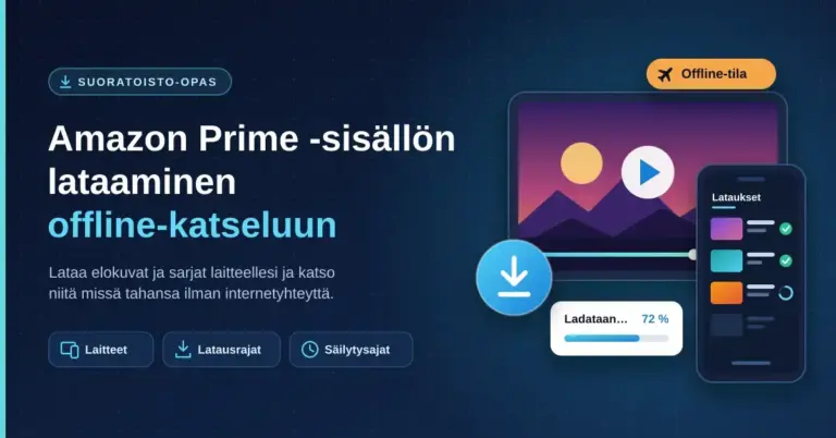 Kuvituskuva, jossa tabletti, älypuhelimen latauslista ja latauskuvake havainnollistavat Amazon Prime -sisällön lataamista offline-katseluun.