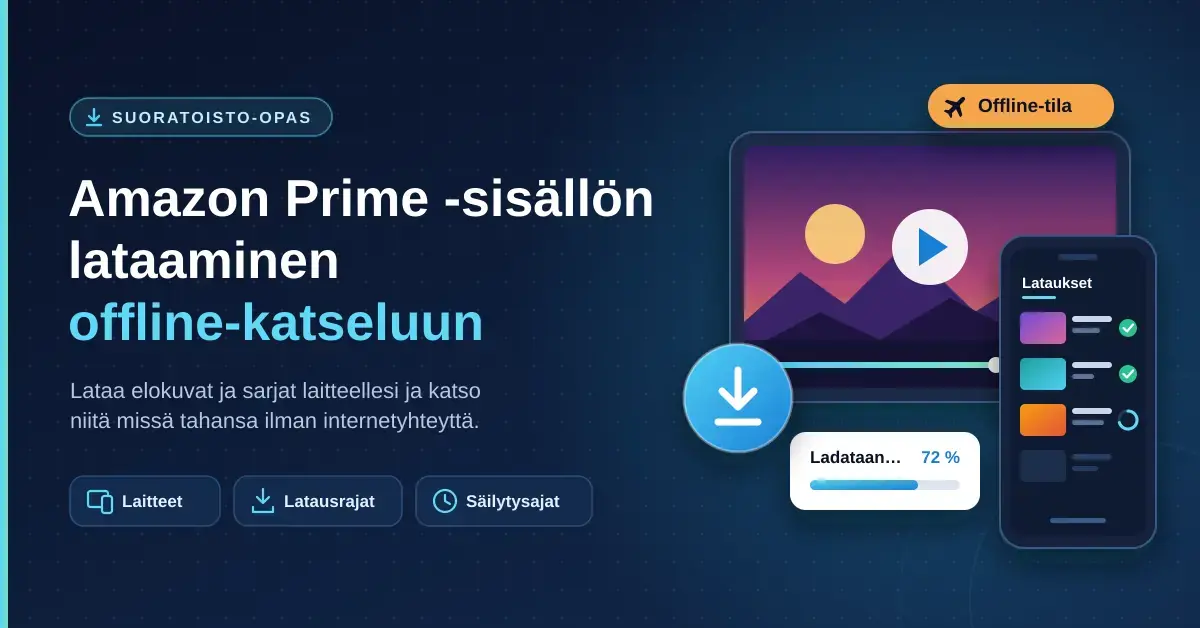 Kuvituskuva, jossa tabletti, älypuhelimen latauslista ja latauskuvake havainnollistavat Amazon Prime -sisällön lataamista offline-katseluun.