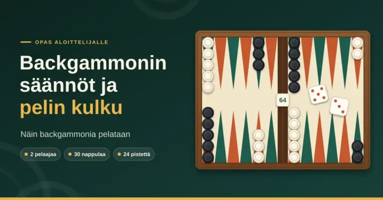 Backgammon-pelilauta aloitusasetelmassa vaaleine ja tummine nappuloineen, kaksi noppaa ja tuplauskuutio sekä teksti ”Backgammonin säännöt ja pelin kulku – Näin backgammonia pelataan”.