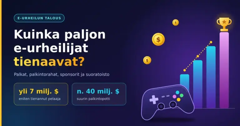 Tumma, neonvärinen kuvitus, jossa peliohjain, kultakolikot ja nouseva pylväskaavio pokaalin kera sekä teksti "Kuinka paljon e-urheilijat tienaavat?" ja luvut yli 7 miljoonan dollarin urapalkinnoista ja noin 40 miljoonan dollarin suurimmasta palkintopotista.
