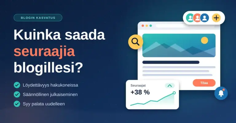 Tummansininen kuvitus, jossa otsikko "Kuinka saada seuraajia blogillesi?", lista blogin kasvun keinoista sekä blogisivu, tilauspainike, seuraajakuvakkeet ja nouseva seuraajakäyrä.
