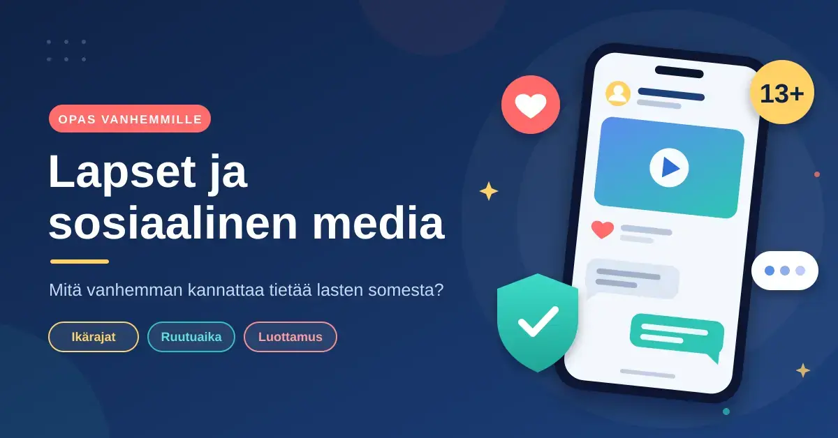 Lapset ja sosiaalinen media -oppaan kuvituskuva, jossa älypuhelimen näytöllä on video, tykkäys ja viestikuplia sekä niiden ympärillä sydän, 13+-ikärajamerkki ja turvallisuutta kuvaava kilpi.