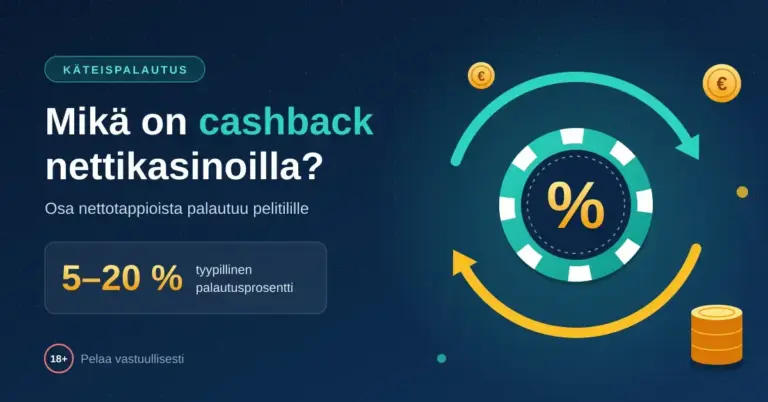 Kuvituskuva, jossa otsikko "Mikä on cashback nettikasinoilla?", teksti tyypillisestä 5–20 %:n palautusprosentista sekä prosenttimerkillä varustettu kasinopelimerkki, jota kiertävät palautusta kuvaavat nuolet ja kultakolikot.