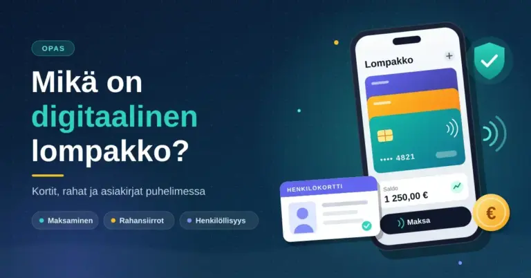Kuvituskuva, jossa on otsikko ”Mikä on digitaalinen lompakko?” sekä älypuhelimen lompakkosovellus maksukortteineen, sähköinen henkilökortti, turvallisuutta kuvaava kilpi, lähimaksun symboli ja eurokolikko.