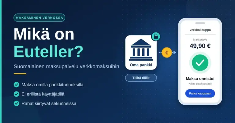 Kuvituskuva, jossa on otsikko "Mikä on Euteller?" sekä pankkia kuvaava kuvake, josta euron kolikko siirtyy puhelimeen, jonka näytöllä verkkokauppa ilmoittaa "Maksu onnistui".
