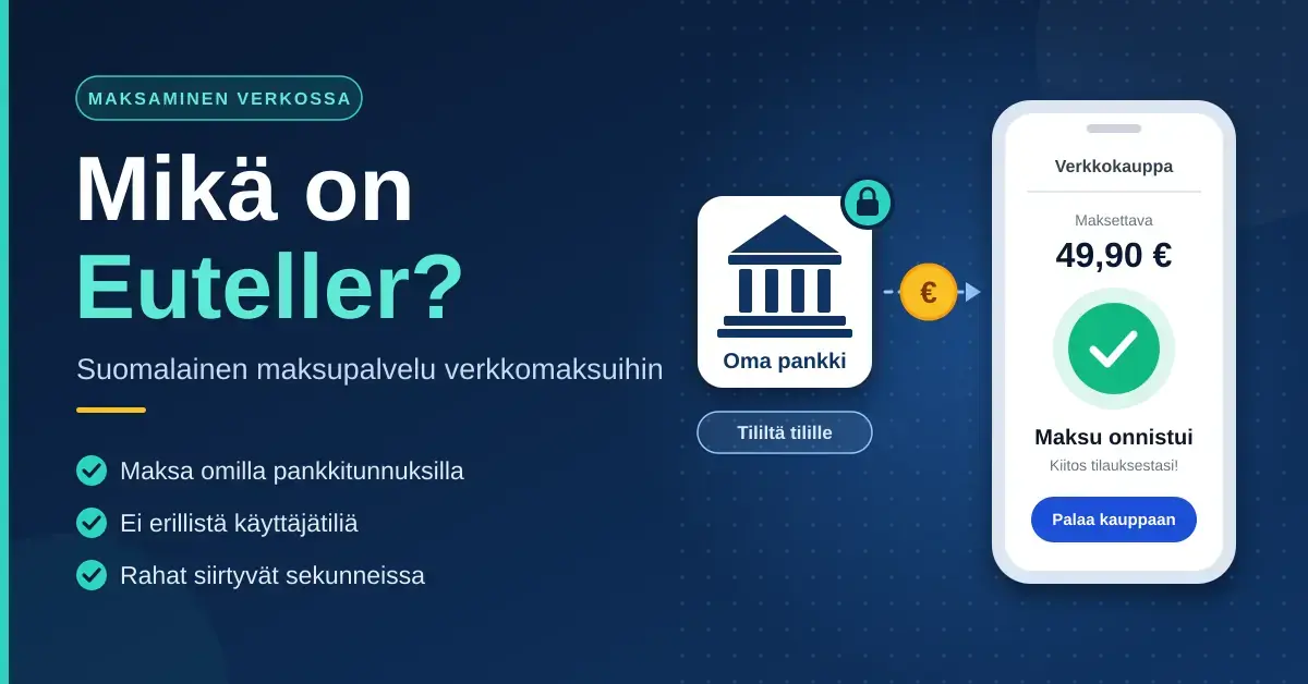 Kuvituskuva, jossa on otsikko "Mikä on Euteller?" sekä pankkia kuvaava kuvake, josta euron kolikko siirtyy puhelimeen, jonka näytöllä verkkokauppa ilmoittaa "Maksu onnistui".