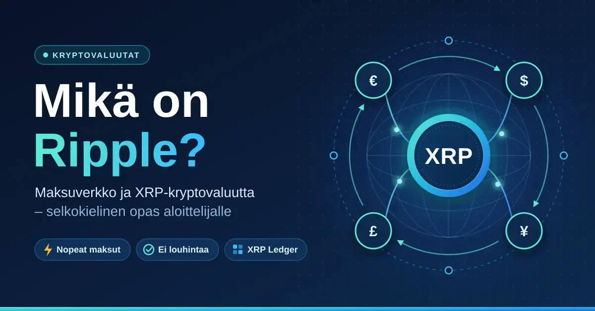 Tummansininen kuvitus, jossa otsikko "Mikä on Ripple?" ja keskellä XRP-kolikko, jota euron, dollarin, jenin ja punnan symbolit ympäröivät maapallon ympärillä kiertävässä maksuverkossa.