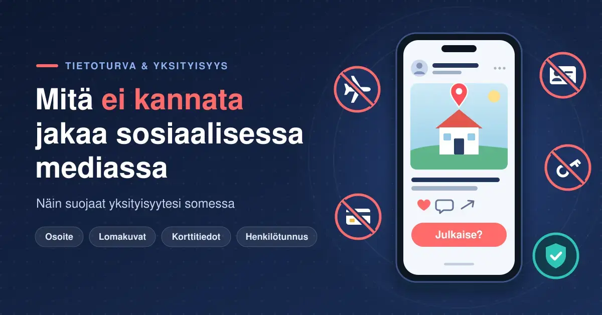 Tummansininen kuvitus, jossa älypuhelimen somepäivitys paljastaa kodin sijainnin ja ympärillä on kieltomerkein yliviivatut lentokone-, pankkikortti-, henkilökortti- ja avainkuvakkeet sekä vihreä suojakilpi ja otsikko ”Mitä ei kannata jakaa sosiaalisessa mediassa”.