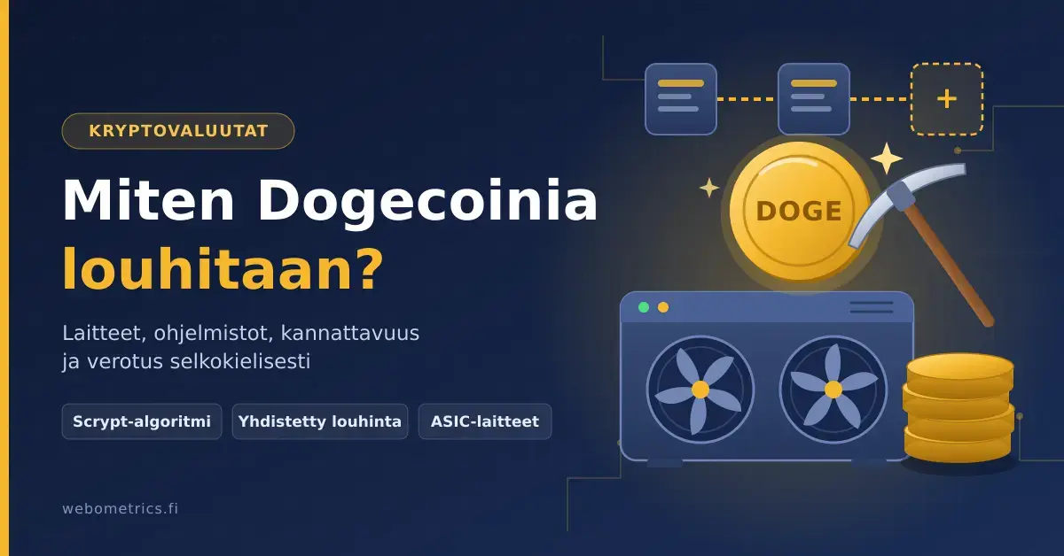 Kuvituskuva, jossa otsikko "Miten Dogecoinia louhitaan?" sekä louhintalaite, kultaisia DOGE-kolikoita, hakku ja lohkoketjua kuvaavat lohkot tummansinisellä taustalla.