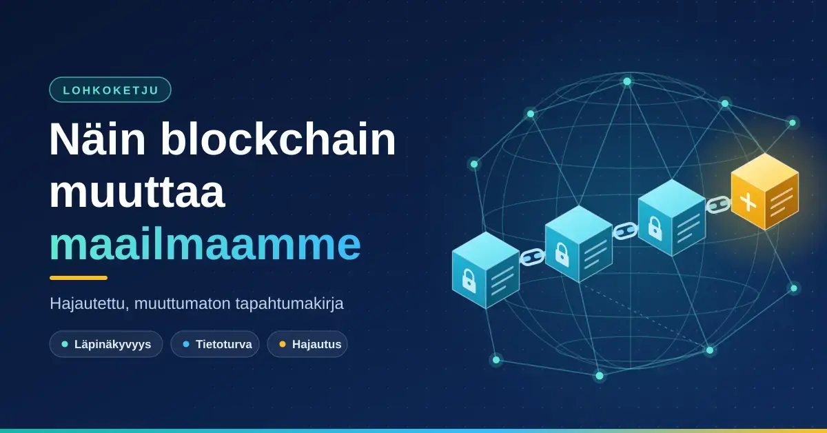 Kuvituskuva, jossa otsikon "Näin blockchain muuttaa maailmaamme" vieressä ketjulla toisiinsa liitetyt lohkot muodostavat lohkoketjun maapallon ja hajautetun verkon solmujen päällä.