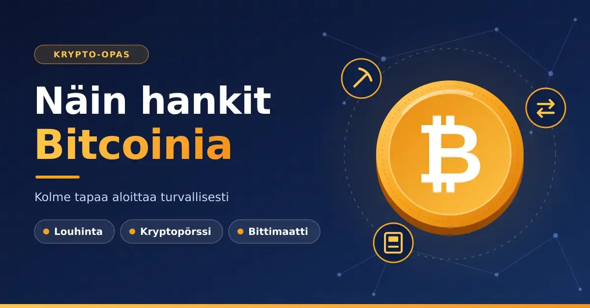Kuvituskuva, jossa on teksti "Näin hankit Bitcoinia", kultainen Bitcoin-kolikko tummansinisellä taustalla sekä hankintatavat louhinta, kryptopörssi ja Bittimaatti.
