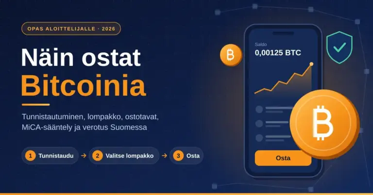Kuvituskuva, jossa otsikko "Näin ostat Bitcoinia", kolme vaihetta (tunnistaudu, valitse lompakko, osta) sekä älypuhelimen lompakkosovellus, oranssi Bitcoin-kolikko ja turvallisuutta kuvaava kilpi tummansinisellä taustalla.