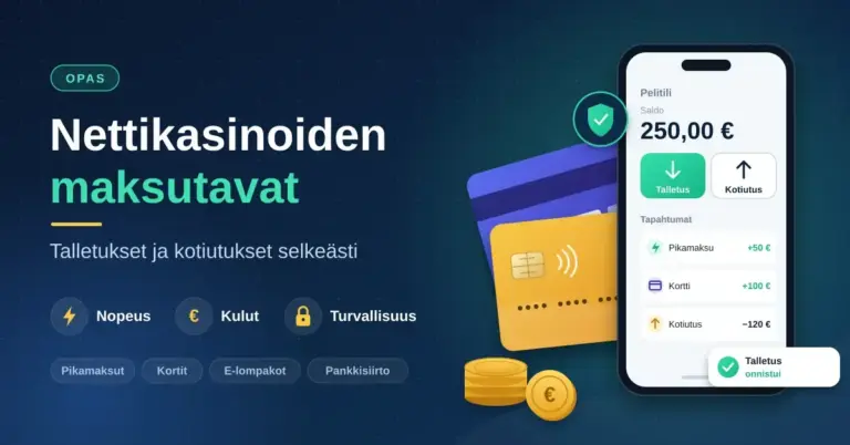 Kuvitus nettikasinoiden maksutavoista: älypuhelimen pelitilinäkymässä on talletus- ja kotiutuspainikkeet ja tapahtumalista, ja sen vieressä on maksukortteja, eurokolikoita sekä otsikko "Nettikasinoiden maksutavat".