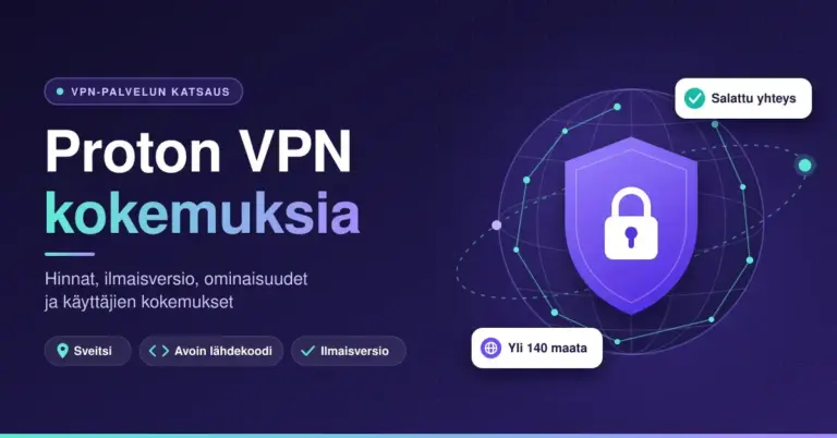 Violetti kuvitus, jossa lukkosymbolilla varustettu kilpi on palvelinverkon ympäröimän maapallon edessä, sekä teksti "Proton VPN kokemuksia" ja tiedot Sveitsistä, avoimesta lähdekoodista ja ilmaisversiosta.