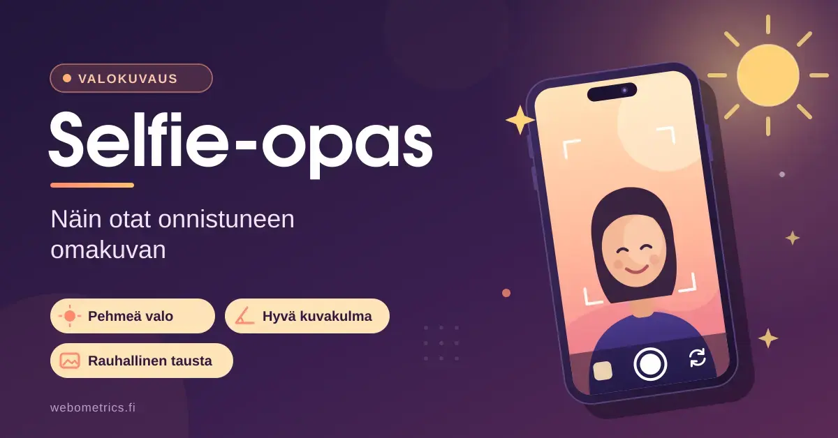 Kuvitus, jossa hymyilevä piirroshahmo ottaa selfietä älypuhelimella pehmeässä auringonvalossa, sekä otsikko Selfie-opas ja vinkit pehmeästä valosta, hyvästä kuvakulmasta ja rauhallisesta taustasta.