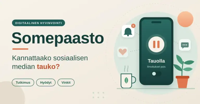 Kuvitus, jossa älypuhelimen näytöllä on taukokuvake ja teksti ”Tauolla”, ilmoituskuvakkeet leijuvat poispäin ja vieressä ovat kahvikuppi ja huonekasvi otsikon ”Somepaasto – kannattaako sosiaalisen median tauko?” rinnalla.