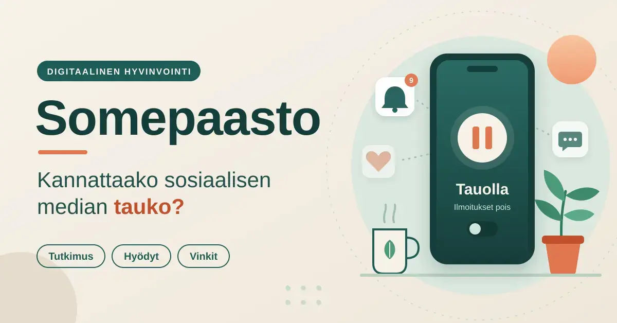 Kuvitus, jossa älypuhelimen näytöllä on taukokuvake ja teksti ”Tauolla”, ilmoituskuvakkeet leijuvat poispäin ja vieressä ovat kahvikuppi ja huonekasvi otsikon ”Somepaasto – kannattaako sosiaalisen median tauko?” rinnalla.