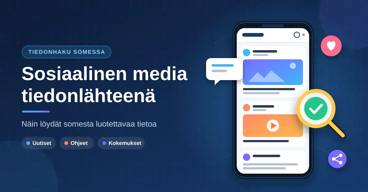 Kuvituskuva, jossa älypuhelimen somesyötteessä näkyy uutis- ja videojulkaisuja sekä suurennuslasi ja vihreä tarkistusmerkki, ja vieressä otsikko "Sosiaalinen media tiedonlähteenä".