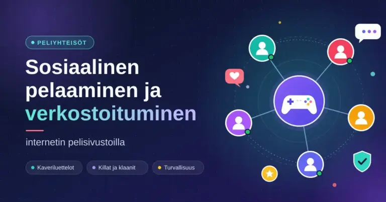 Tummansininen kuvitus, jossa pelinohjainta ympäröi verkosto toisiinsa yhdistettyjä pelaaja-avatareja, chat-kuplia ja turvallisuutta kuvaava kilpi, sekä teksti "Sosiaalinen pelaaminen ja verkostoituminen internetin pelisivustoilla".