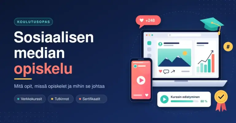 Sosiaalisen median opiskelua kuvaava kuvitus, jossa tummansinisellä taustalla on otsikko ”Sosiaalisen median opiskelu” sekä kannettava tietokone ja älypuhelin somenäkymineen, valmistujaislakki, kurssin edistymispalkki ja sertifikaattimitali.