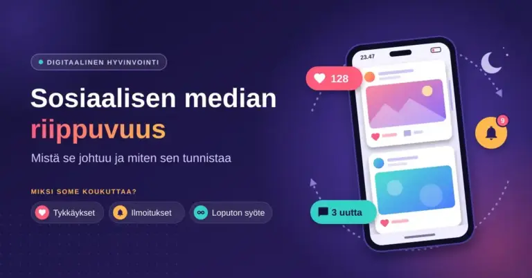 Kuvituskuva, jossa älypuhelimen somesyötettä ympäröivät tykkäyksiä, ilmoituksia ja uusia viestejä kuvaavat kuplat sekä loputonta kierrettä kuvaavat nuolet, ja vieressä otsikko "Sosiaalisen median riippuvuus – mistä se johtuu ja miten sen tunnistaa".