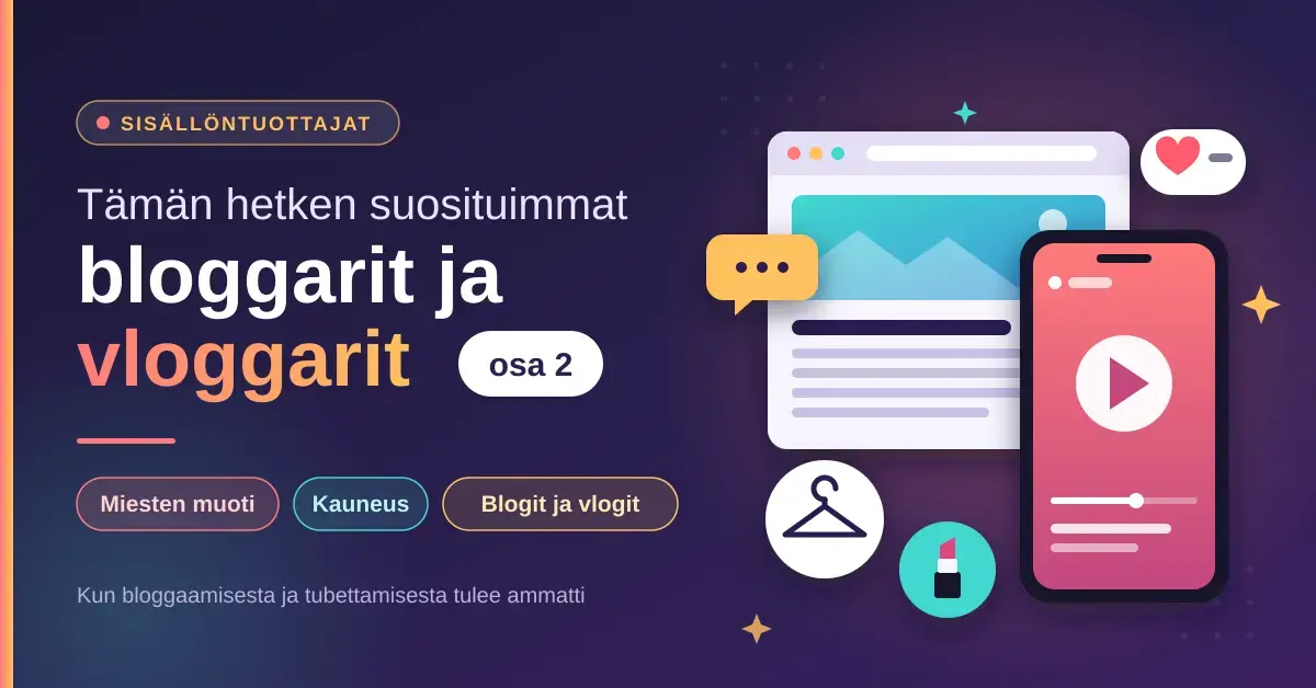 Violetinsävyinen kuvitus, jossa on teksti "Tämän hetken suosituimmat bloggarit ja vloggarit – osa 2", aihetunnisteet miesten muodista, kauneudesta ja blogeista sekä kuvakkeet blogisivusta, videota toistavasta älypuhelimesta, henkarista ja huulipunasta.
