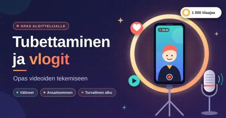 Kuvituksessa älypuhelin kuvaa vlogaajahahmoa rengasvalon keskellä jalustalla mikrofonin vieressä, ja vasemmalla lukee ”Tubettaminen ja vlogit – Opas videoiden tekemiseen”.