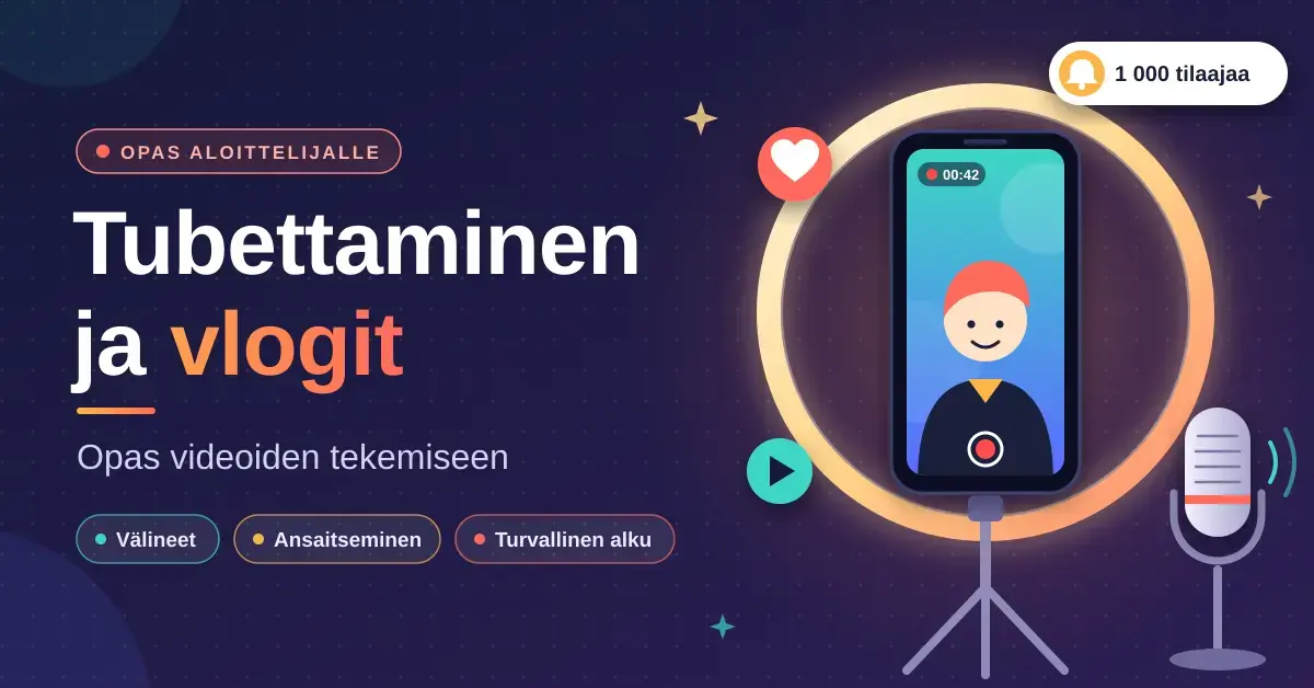 Kuvituksessa älypuhelin kuvaa vlogaajahahmoa rengasvalon keskellä jalustalla mikrofonin vieressä, ja vasemmalla lukee ”Tubettaminen ja vlogit – Opas videoiden tekemiseen”.